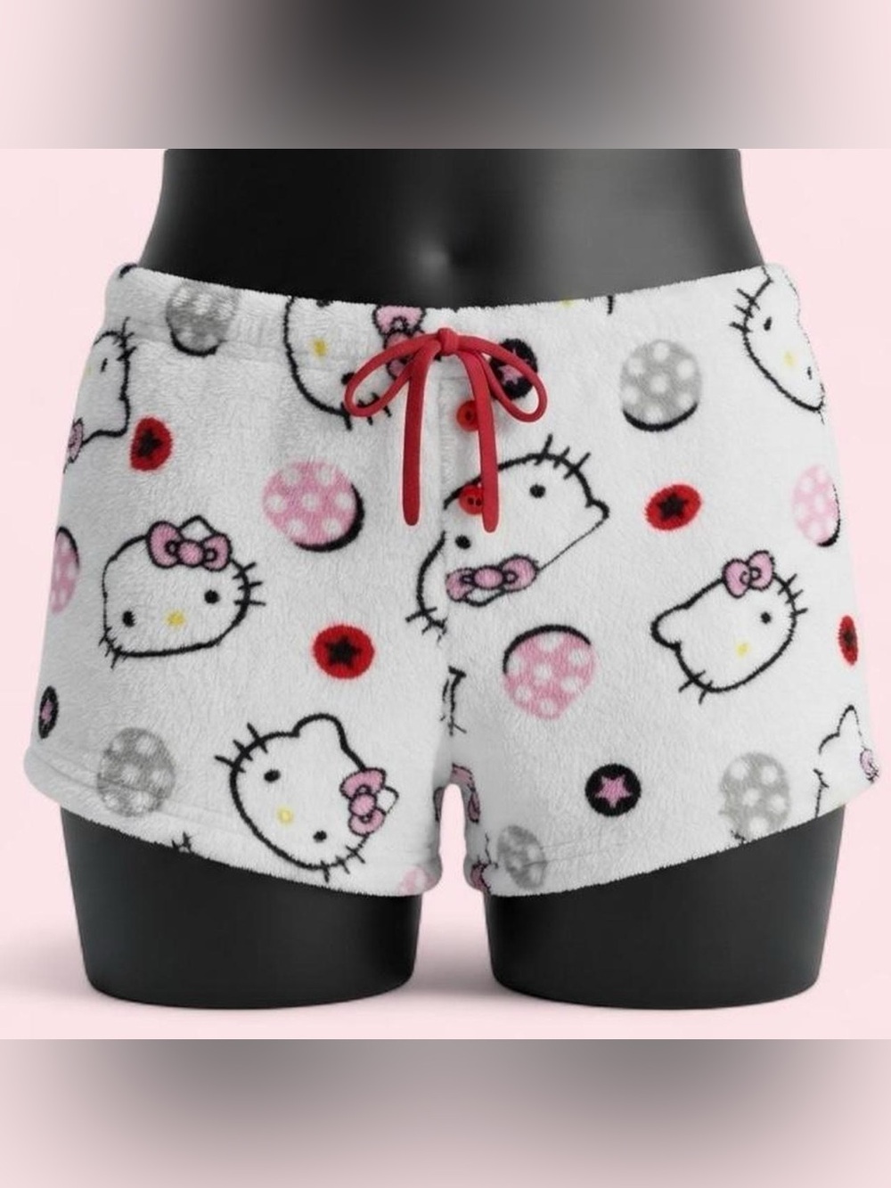 Hello Kitty Vintage Y2K 2000s White Plush Shorts with Pink and Red Accents